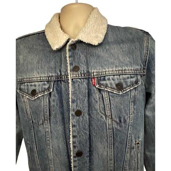 Levis Relaxed Denim Sherpa Lined Snap Mens Trucker Jacket Medium Flap Pockets - Picture 5 of 10